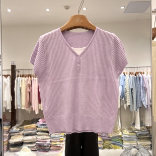 时尚 新款 显瘦坑条百搭上衣9010 冰丝针织T恤女2026夏季 欧货V领短袖