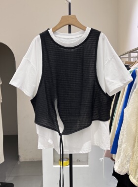 2026新款韩版复古百搭休闲时尚纯色短袖T恤网纱马甲两件套2613