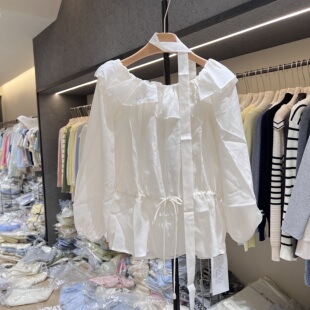 女春夏小个子超好看独特衬衣上衣 一字肩色衬衫 26200法式 白泡泡袖