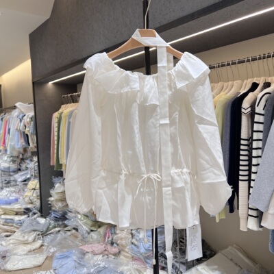 26200法式白泡泡袖一字肩色衬衫女春夏小个子超好看独特衬衣上衣