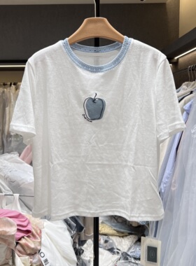 韩国 苹果印花蓝色拼接针织领上衣2026清新纯色显瘦短款T恤女8362