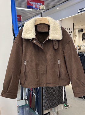 2025秋冬新韩版宽松显瘦百搭加绒加厚保暖翻领皮毛一体外套女A68