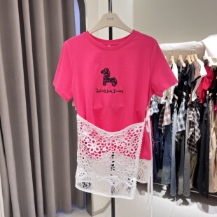 韩系卡通小马刺绣配蕾丝屁帘短袖 女别致洋气上衣 T恤2026春夏新款