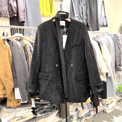 加棉加厚10083复古时髦麂皮绒绑带西装加长款大衣女高级感V领外套