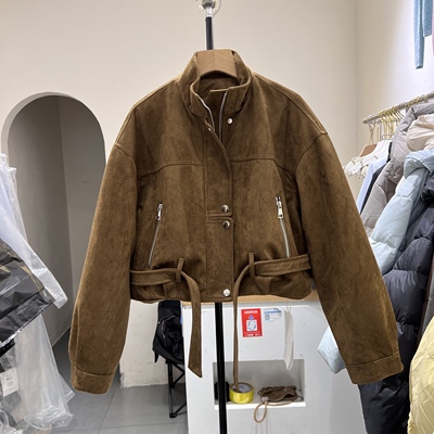 羽绒服2025秋冬新款时尚帅气立领麂皮绒外套女短款百搭夹克9959