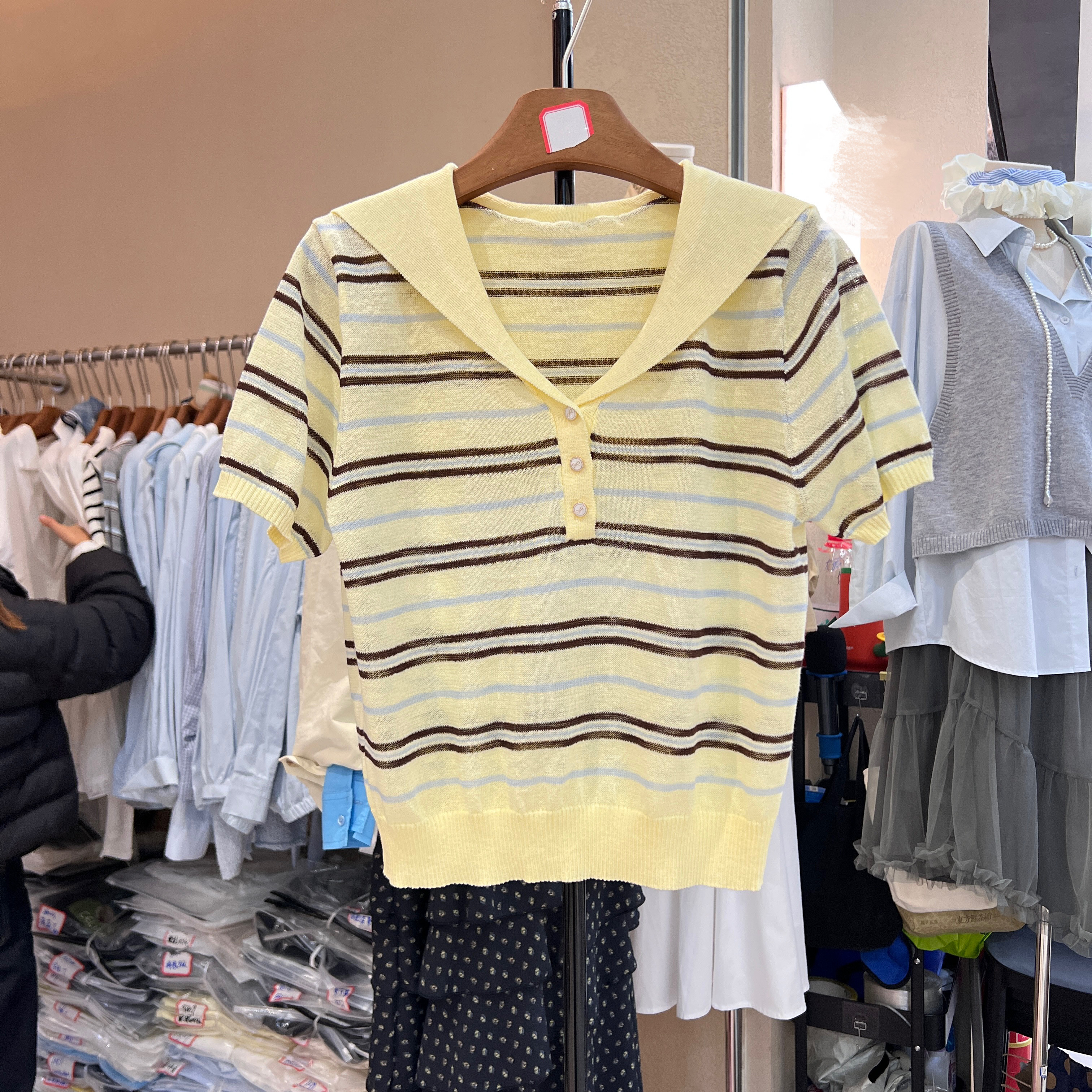 海军领冰丝针织衫t恤女短袖夏季2026新款高级感条纹上衣薄款小衫