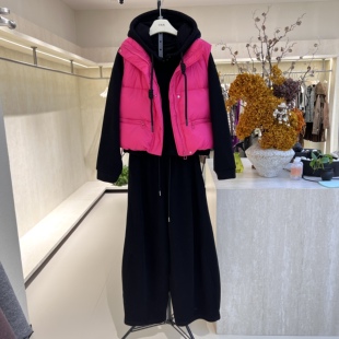 韩式搭配一整套冬装女士连帽卫衣马甲外套阔腿裤加厚保暖三件套装