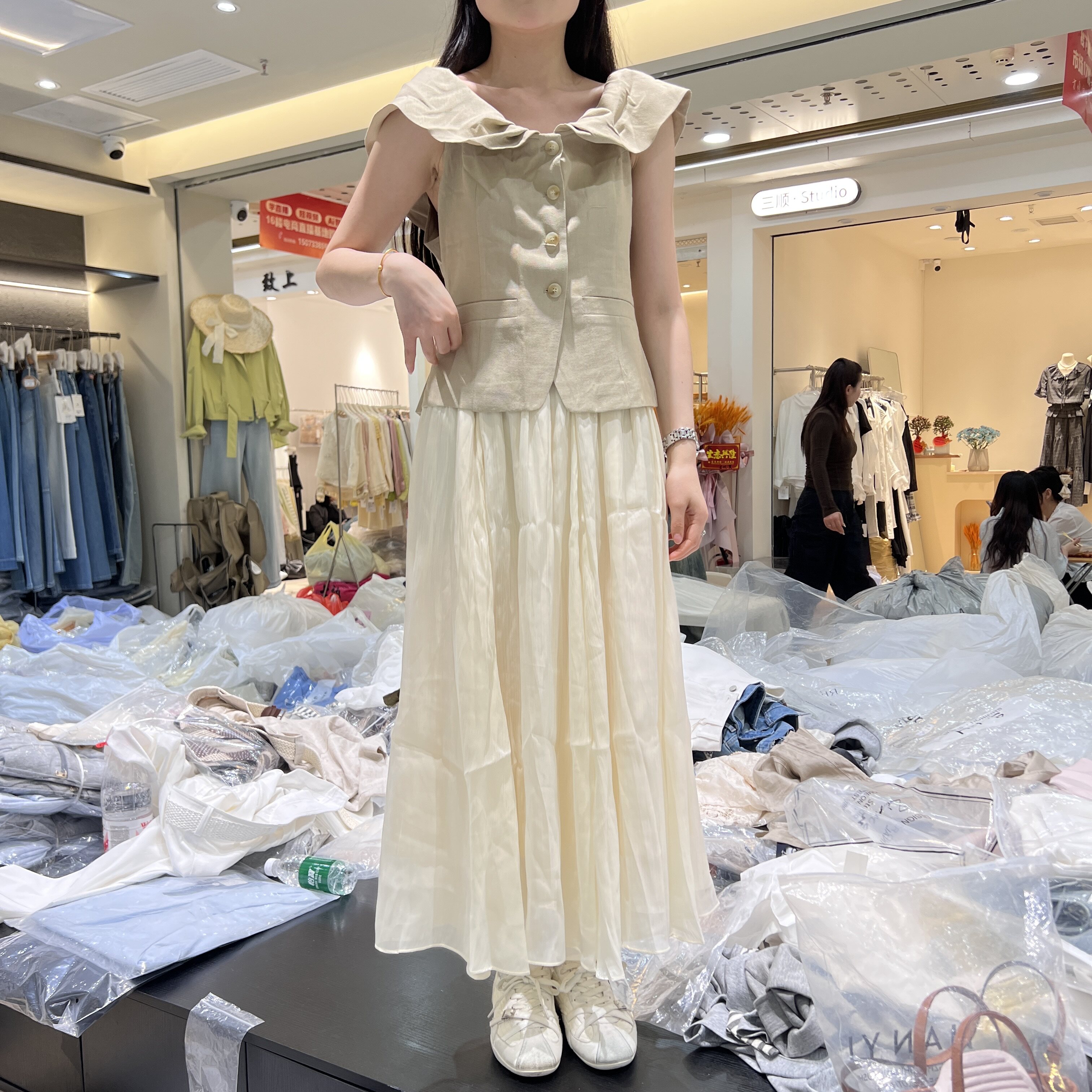 2026夏季新款老钱风荷叶边一字肩飞飞袖上衣女显瘦半身裙套装1016