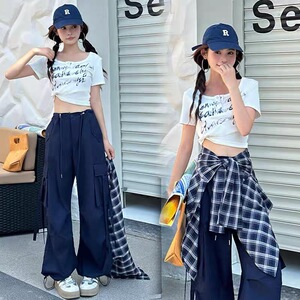 2025夏季新款韩系字母短袖甜辣风三件套工装裤时尚休闲套装女391