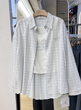 2026春季格纹衬衫女薄款宽松衬衣长袖防晒上衣外套+背心套装7998