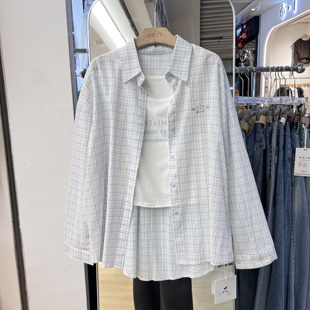 2026春季格纹衬衫女薄款宽松衬衣长袖防晒上衣外套+背心套装7998