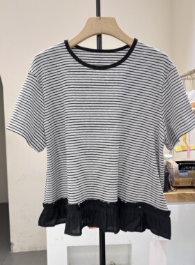韩系条纹短袖T恤女2026夏季圆领显瘦百搭休闲荷叶边拼接上衣6586
