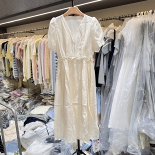 2026夏季新款高级感时尚气质V领珍珠系带收腰显瘦中长连衣裙5528