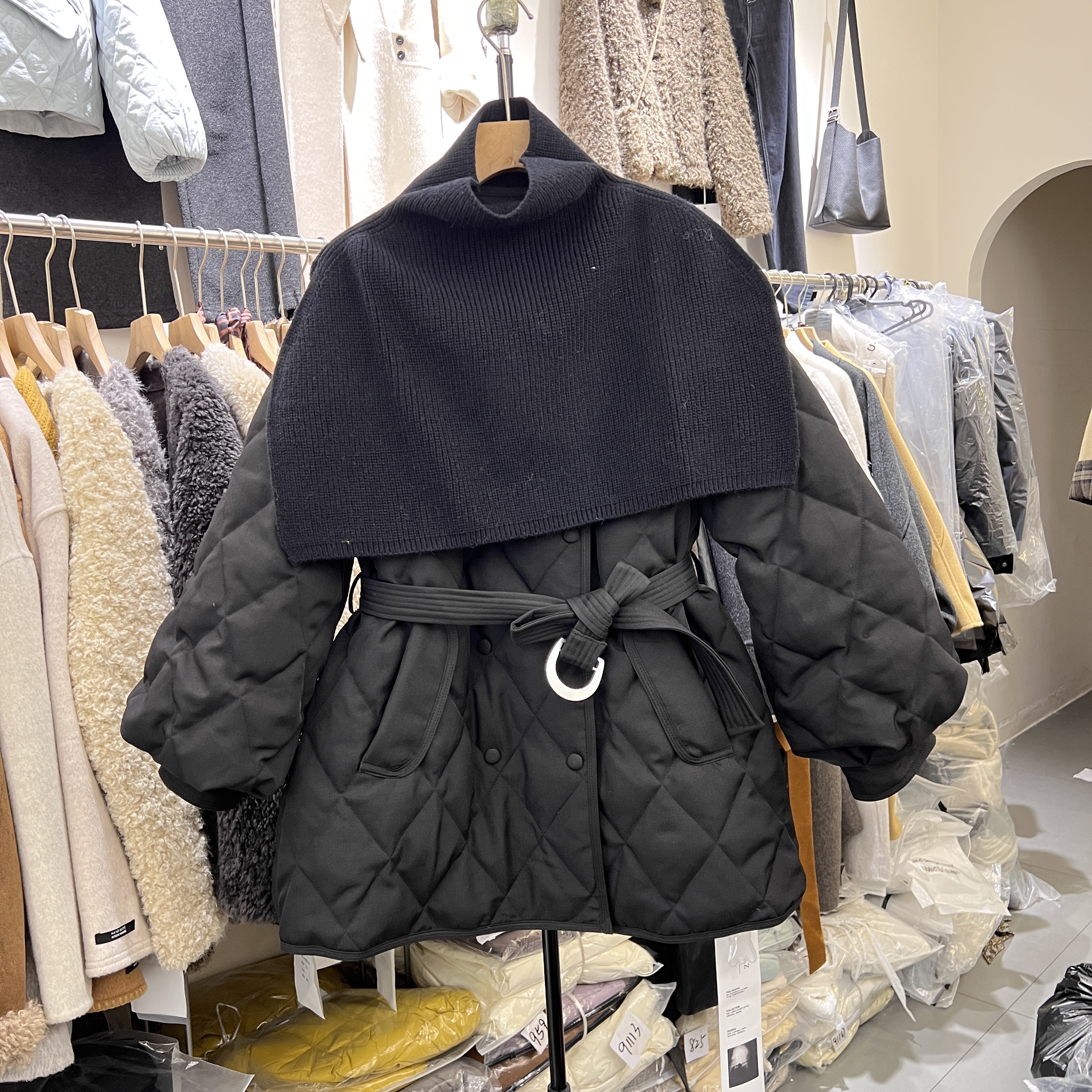 韩系2025冬季新款针织披肩系带收腰显瘦小个子菱格羽绒服外套622