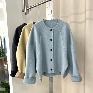 小香风羊毛呢短款 小个子单排扣宽松外套女大衣 圆领上衣25秋冬新款