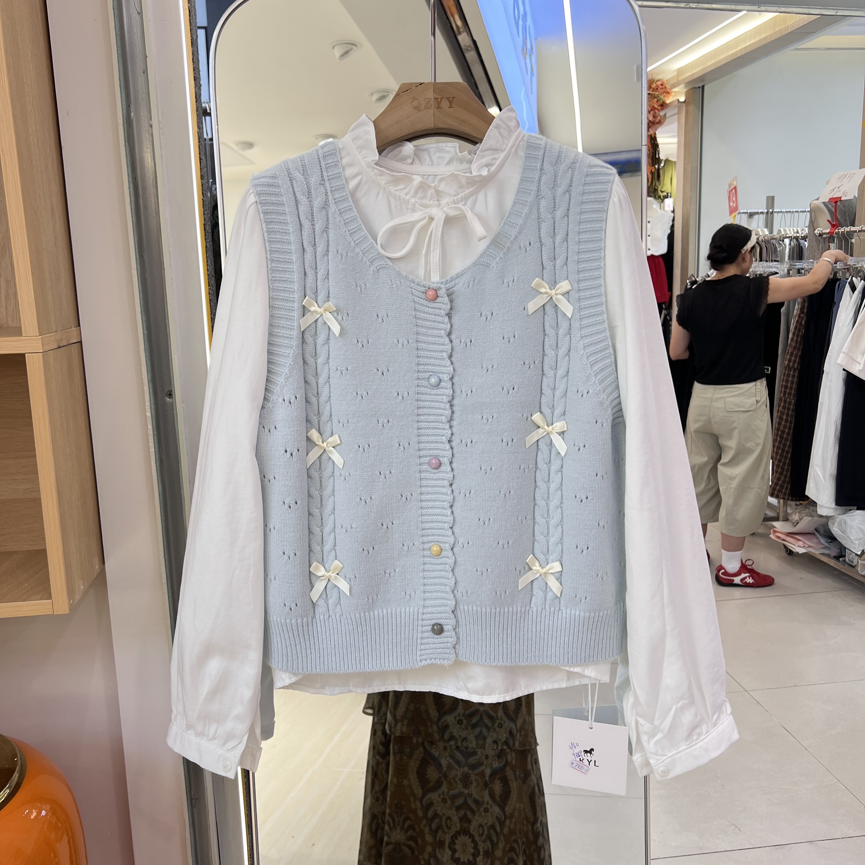 蓝色长袖衬衫蝴蝶结针织马甲两件套女2026秋季新款韩系上衣套装潮