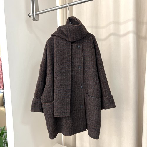 围巾款双面呢毛呢大衣女秋冬2025新款中长款圆领咖色格子呢子外套