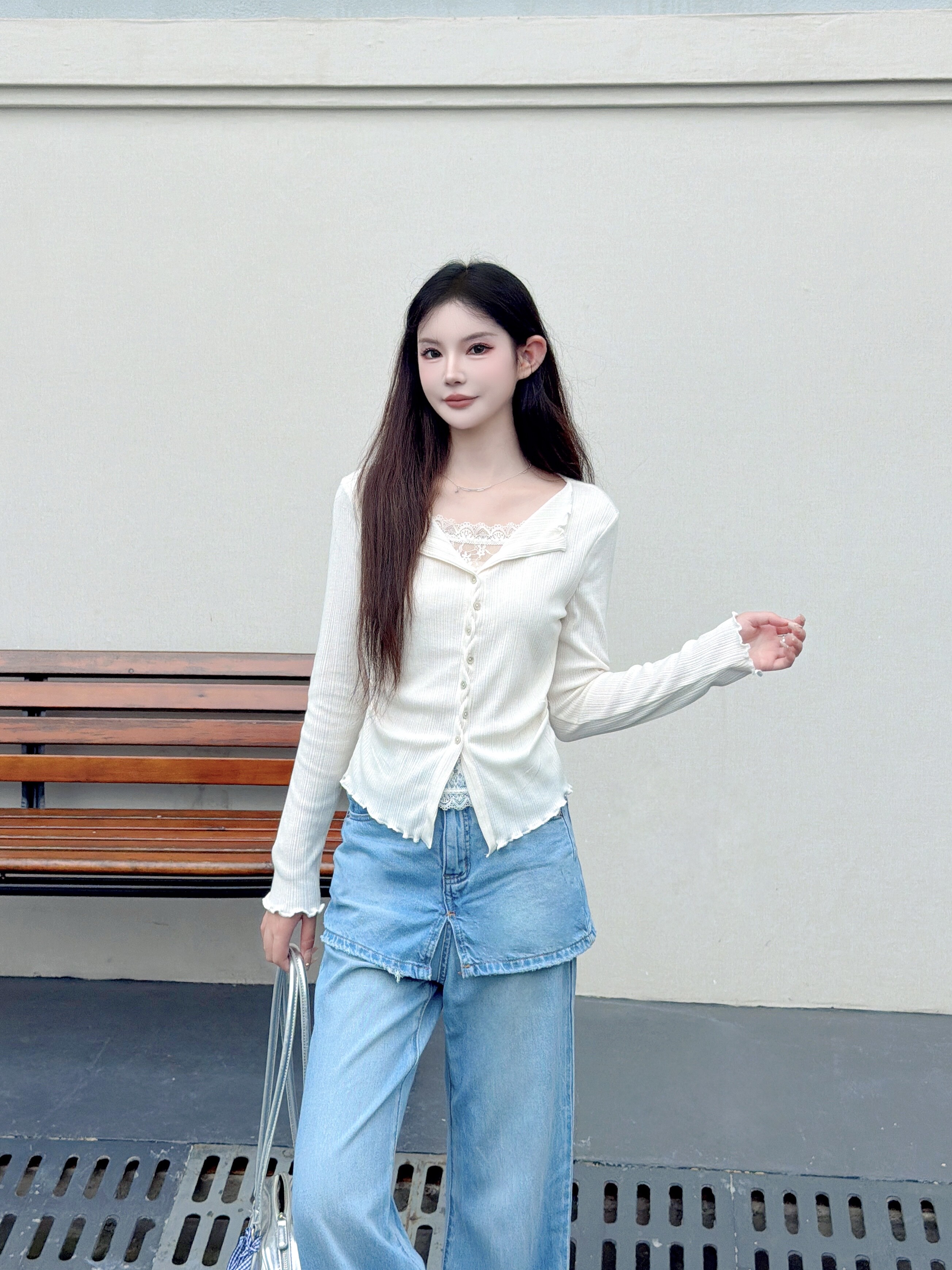 早秋法式温柔风蕾丝拼接假两件针织开衫女修身显瘦百搭小衫上衣女