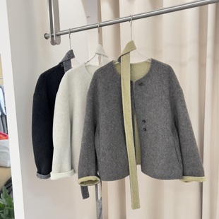 翻袖 时尚 撞色飘带毛呢外套 双面羊毛大衣女秋冬新款 韩系小个子短款