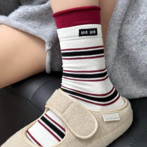 布标双罗口复古条纹堆堆袜子女
