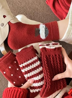 羊毛保暖本命年红袜子女秋冬款加厚加绒羊绒马年2026新年红色长袜