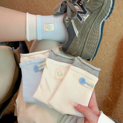 可爱系·ab款纽扣布标双螺口卷边中筒春夏灰蓝布标卡通小狗堆堆袜