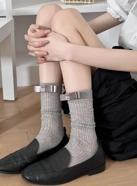 学院风蝴蝶结袜子ins芭蕾风灰色中筒袜女夏季薄款竖纹白色堆堆袜