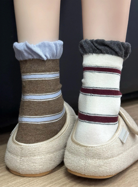 学院风蓝棕~美拉德条纹袜太！太！太piu亮辣~花边ins感配勃肯好绝