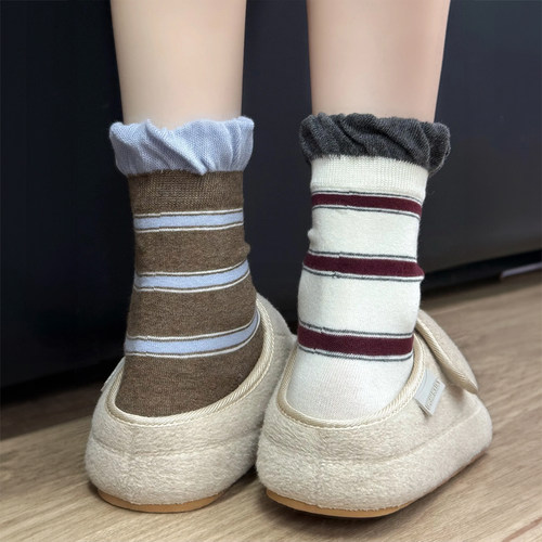 学院风蓝棕~美拉德条纹袜太！太！太piu亮辣~花边ins感配勃肯好绝