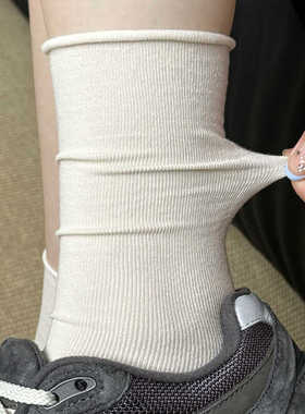 无骨纯棉堆堆袜夏季薄款白色卷边袜子女春夏款纯色中筒袜简约百搭