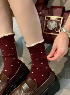 安可拉红色系堆堆袜格子波点女袜秋冬新款韩版木耳边百搭中筒袜子
