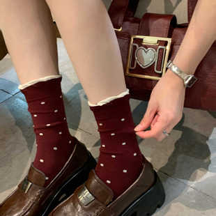 安可拉红色系堆堆袜格子波点女袜秋冬新款 木耳边百搭中筒袜子 韩版