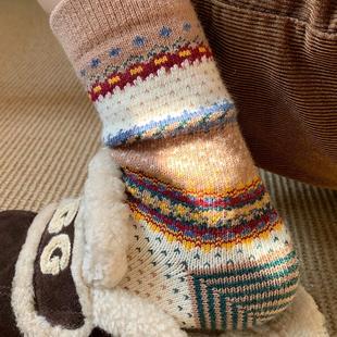 复古民族风粗线袜子男士 纯棉费尔岛风堆堆袜中筒袜情侣袜 女秋冬款