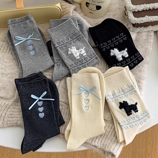 蓝色蝴蝶结灰色袜子女中筒袜春夏新款 芭蕾风甜美日系可爱长堆堆袜