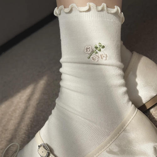 花边袜子女夏季薄款白色中筒袜玛丽珍袜堆堆袜女配小皮鞋春秋长袜