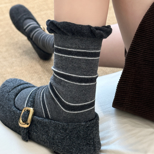 韩系条纹袜子女中筒袜ins潮百搭拼色泡泡口无骨袜条纹ins系堆堆袜