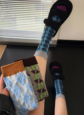 文艺青春美式复古高级感配色~几何图形创意潮流女袜ins中筒袜