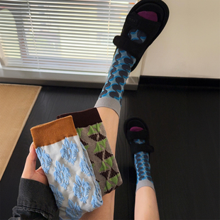 文艺青春美式 几何图形创意潮流女袜ins中筒袜 复古高级感配色