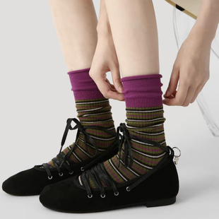 韩系设计师款 棉袜撞色复古中筒袜 ins条纹文艺小众堆堆袜秋冬新款