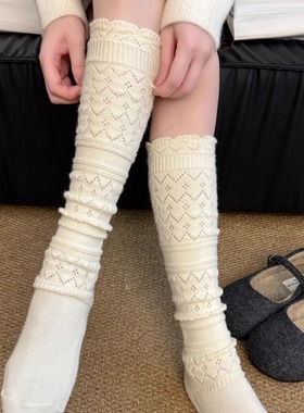 秋冬保暖配靴子长筒袜靴袜日系复古镂空羊毛小腿袜子女中筒堆堆袜