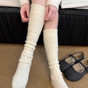 秋冬保暖配靴子长筒袜靴袜日系复古镂空羊毛小腿袜子女中筒堆堆袜