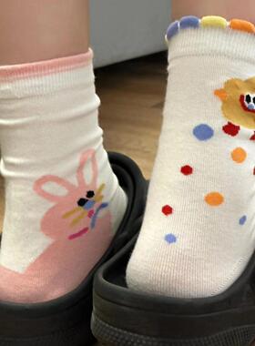 面包学院风ins潮纯棉新款中筒袜日系学生春秋款卡通可爱白色袜子