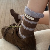 无骨条纹撞色双罗口布标字母ins潮袜韩系泡泡口棉质百搭中筒袜子