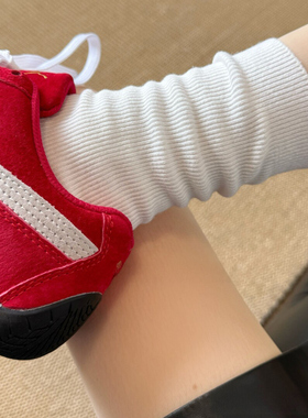 纯色系细条竖纹白袜简约中筒堆堆袜奶油米双针ins韩系双针袜子女