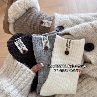 袜子女秋冬加厚布标纯色羊毛袜潮袜保暖纽扣堆堆袜女袜搭配鲨鱼裤