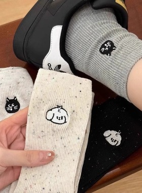 灰色袜子女中筒袜春秋季纯棉长筒袜夏季卡通可爱日系点子纱堆堆袜
