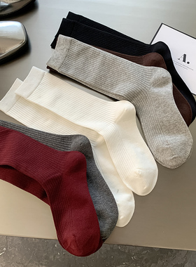 安可拉红袜子女堆堆袜韩版春秋格雷穿搭中筒袜子酒红色暗红色袜