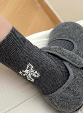 早春灰色百搭长袜女极简ins风后跟蝴蝶结堆堆袜日系学院风中筒袜