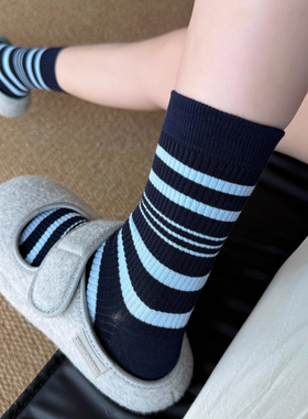 秋冬蓝色格纹蝴蝶结条纹花边花朵外穿ins风搭配百搭堆堆袜中筒袜