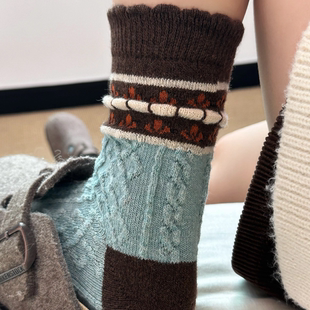 满满复古风秋冬厚款 ins蓄热羊毛袜 海 济州岛 中筒袜 太漂亮辣